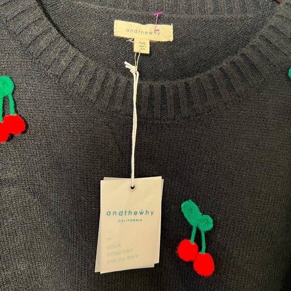 3D Knit Cherry Sweater Oversized Slouchy Black Whimsigoth Preppy Indie Medium - Picture 5 of 10